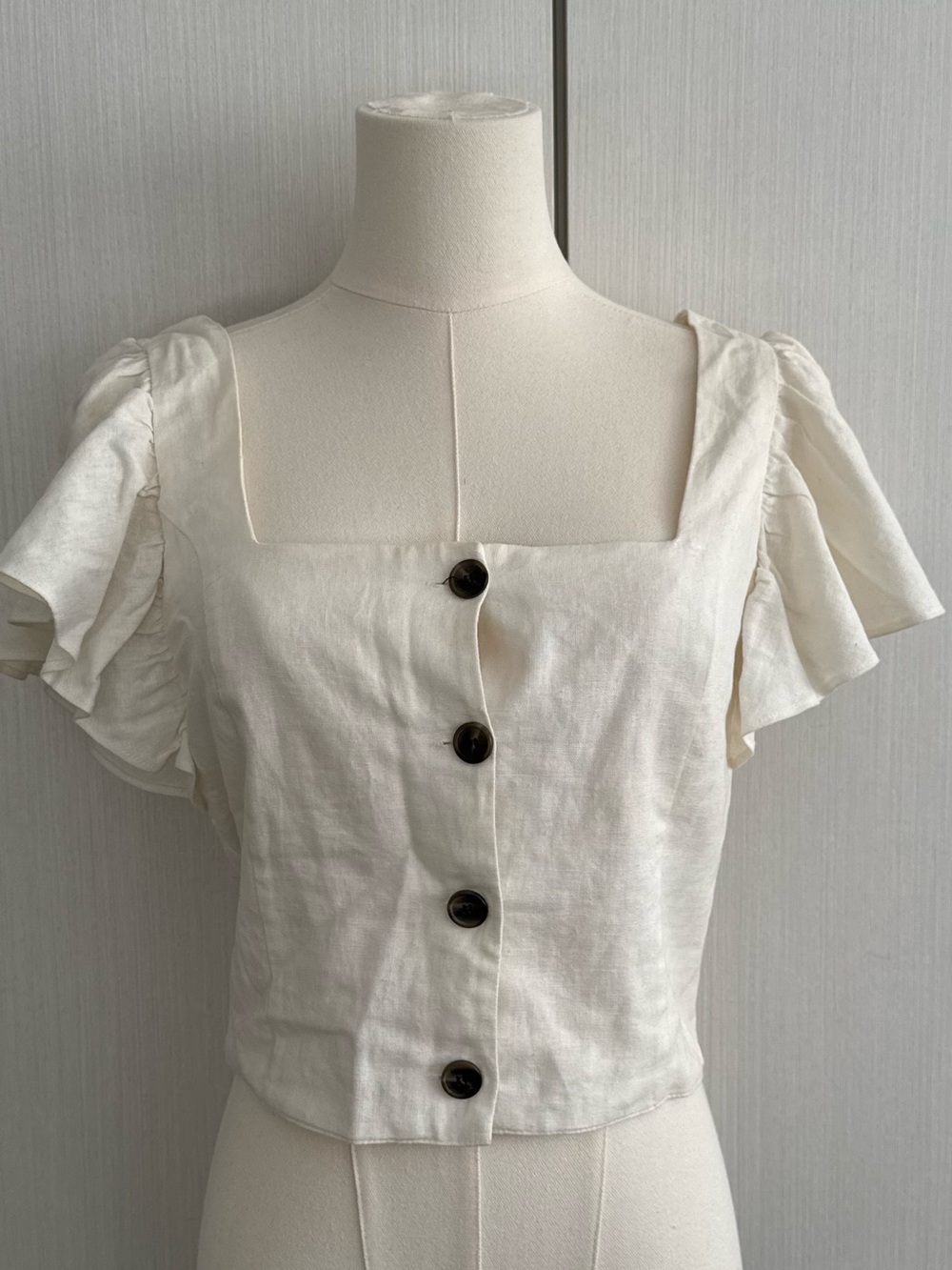 Zara Cream Square-Neck Linen Button Front Crop Top